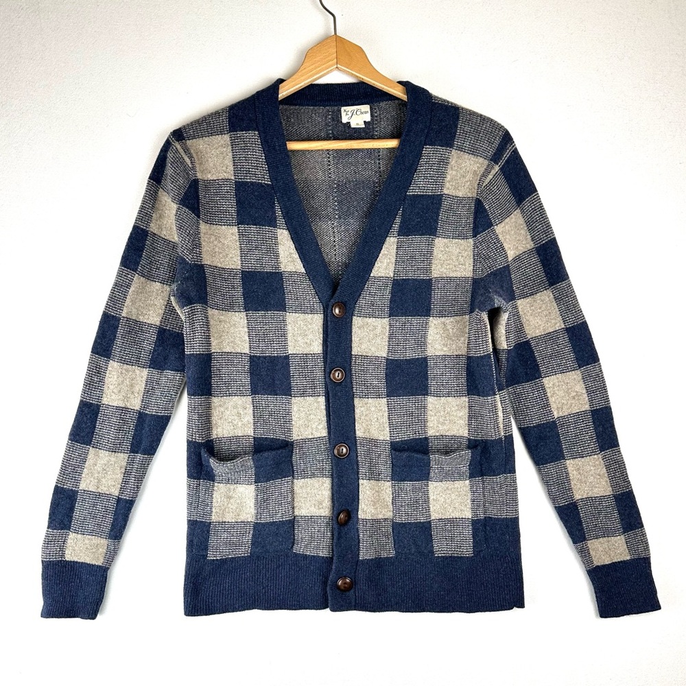 J Crew Wool Blend V-Neck Plaid Checkered Cardigan‎ Preppy Grandpa